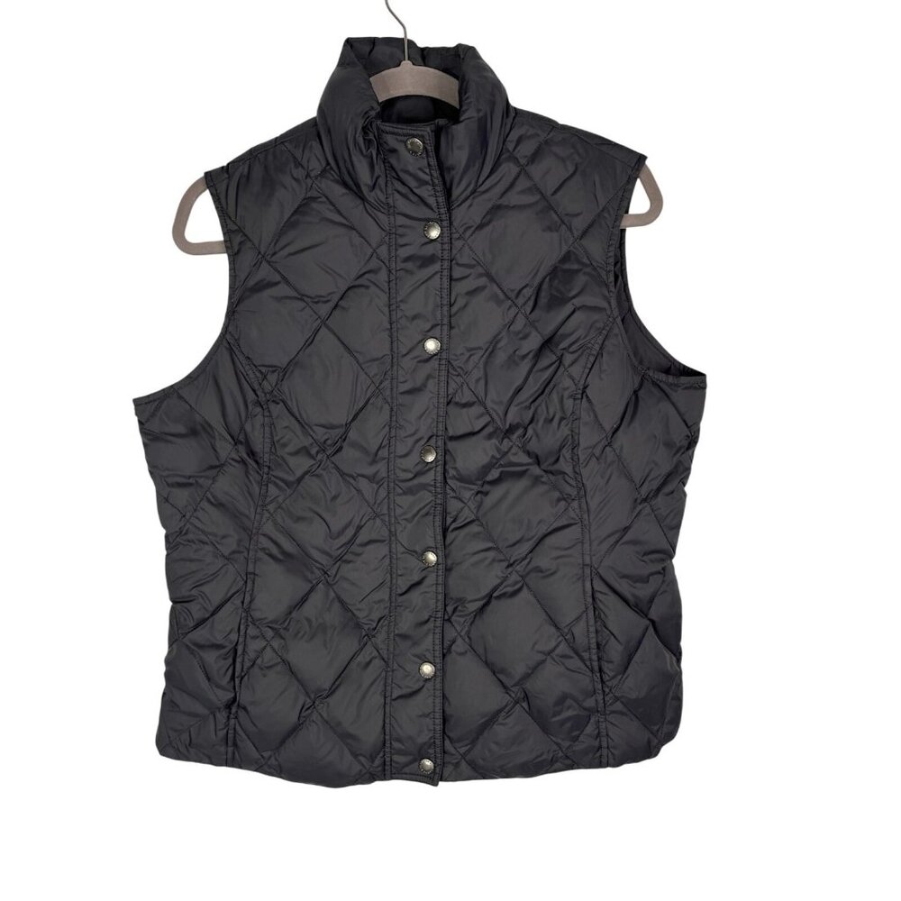 LANDS' END Women's Black Quilted Snap Front Down Vest Medium